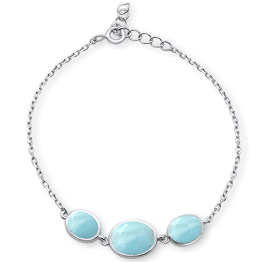 Oval Natural Larimar  .925 Sterling Silver Bracelet 6"+1"ext