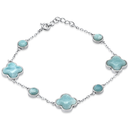 Natural Larimar Clover Flower .925 Sterling Silver Bracelet 6 + 1" Ext