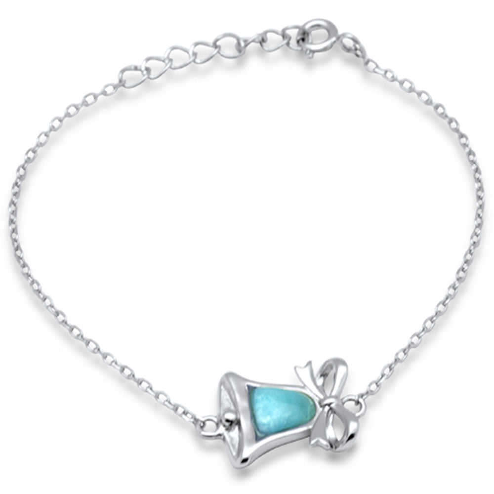 Natural Larimar Bell With Ribbon .925 Sterling Silver Bracelet 5.5" + 1" Adjustable