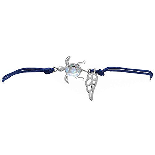 Lab Created White Opal Turtle .925 Sterling Silver Adjustable Black Bracelet