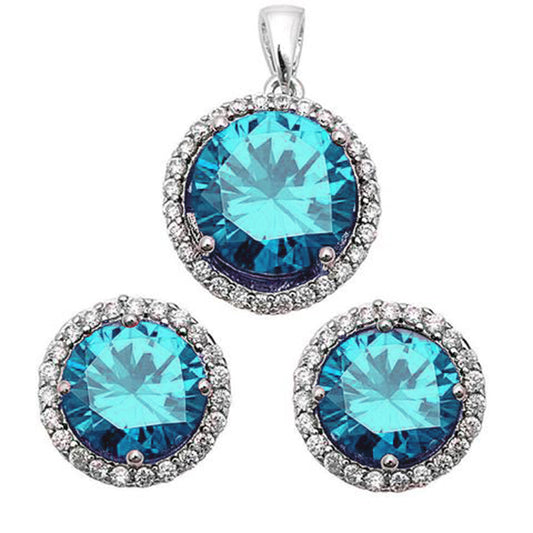 Halo Simulated Blue Topaz .925 Sterling Silver Earrings & Pendant Set