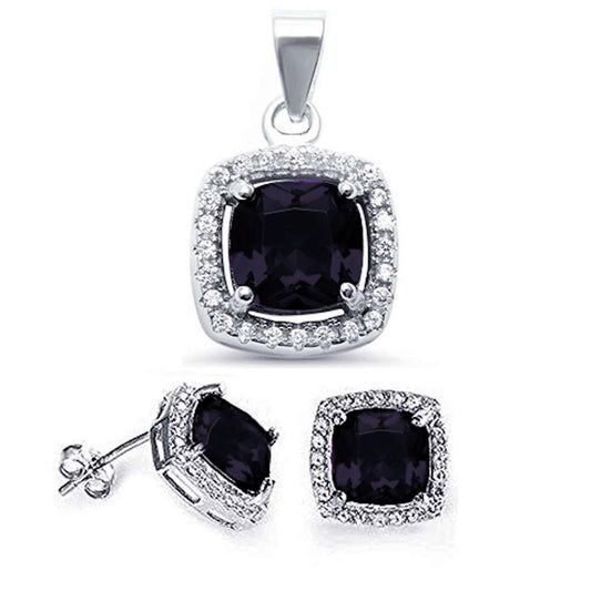 Cushion Black Onyx & CZ Halo .925 Sterling Silver Earring & Pendant Set