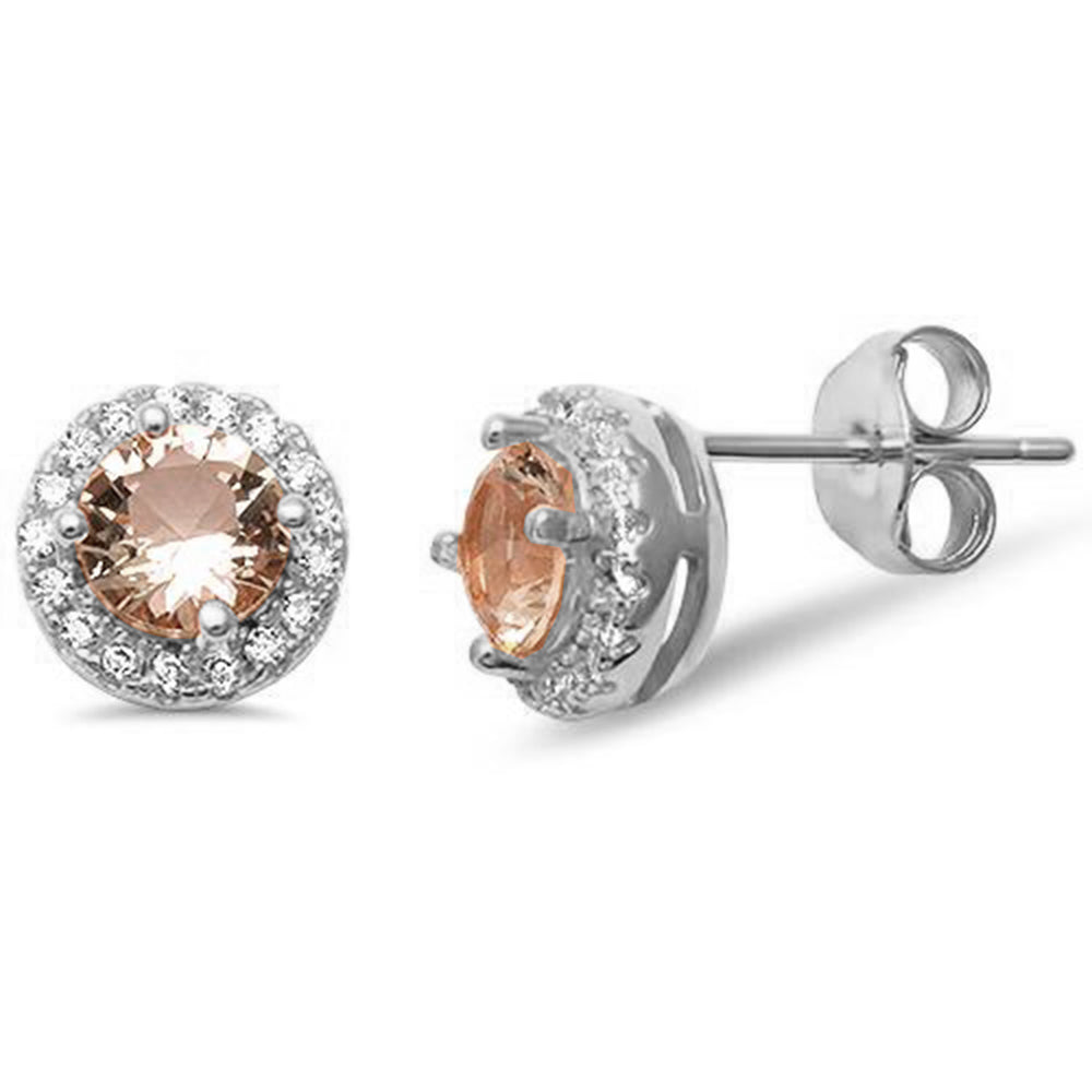 Round Halo Morganite Studs .925 Sterling Silver Earrings