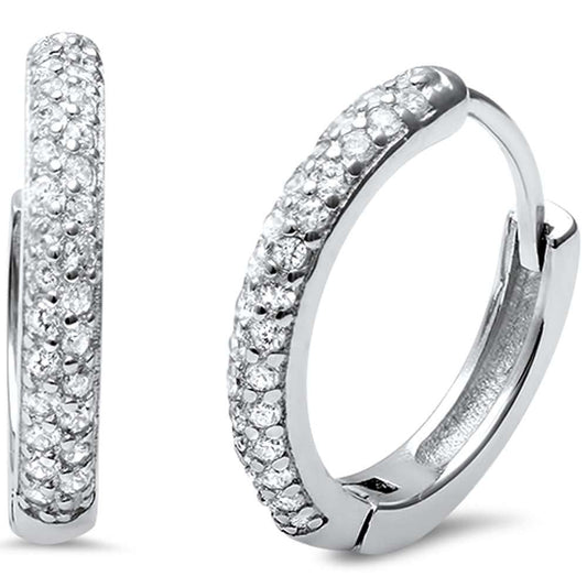 Round Micro Pave .925 Sterling Silver Hoop Huggie Earrings