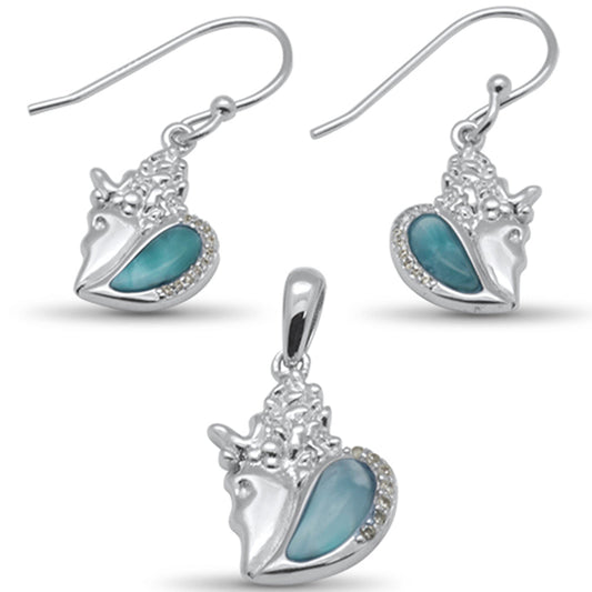 Natural Larimar & Cz Conch Shell Earring & Pendant .925 Sterling Silver Set