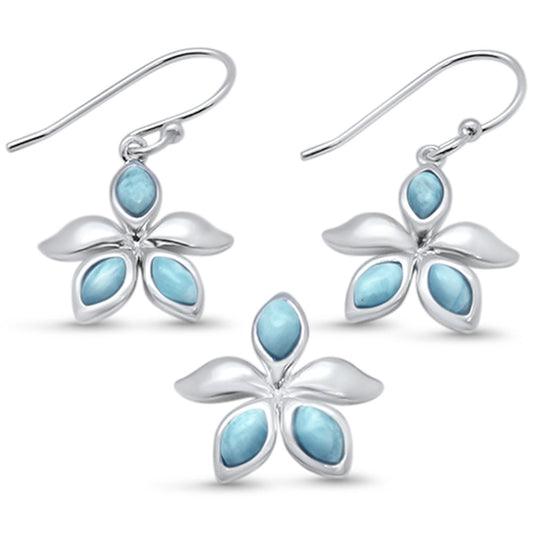 Natural Larimar Flower .925 Sterling Silver Pendant & Earring Set