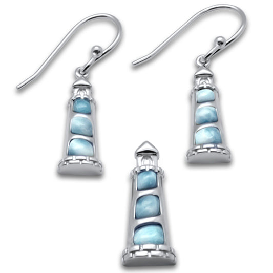 Natural Larimar Lighthouse .925 Sterling Silver Pendant & Earring Set