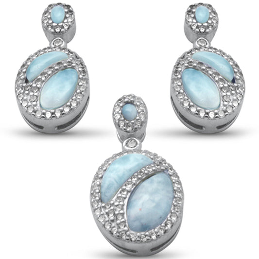 Natural Larimar & CZ .925 Sterling Silver Earring & Pendant Set