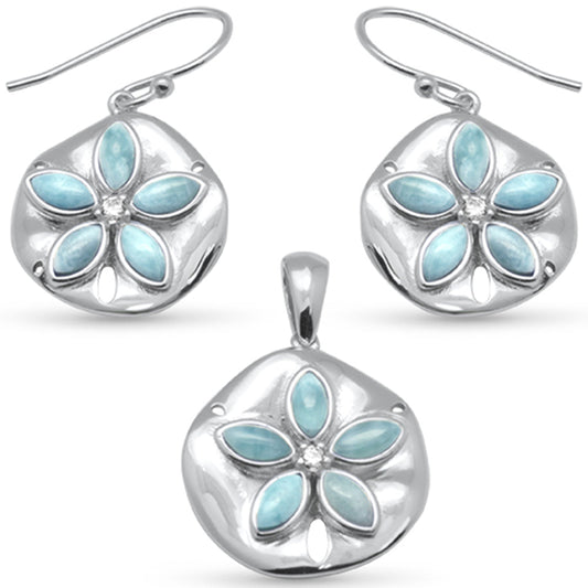 Flower Natural Larimar & CZ .925 Sterling Silver Earring & Pendant Set
