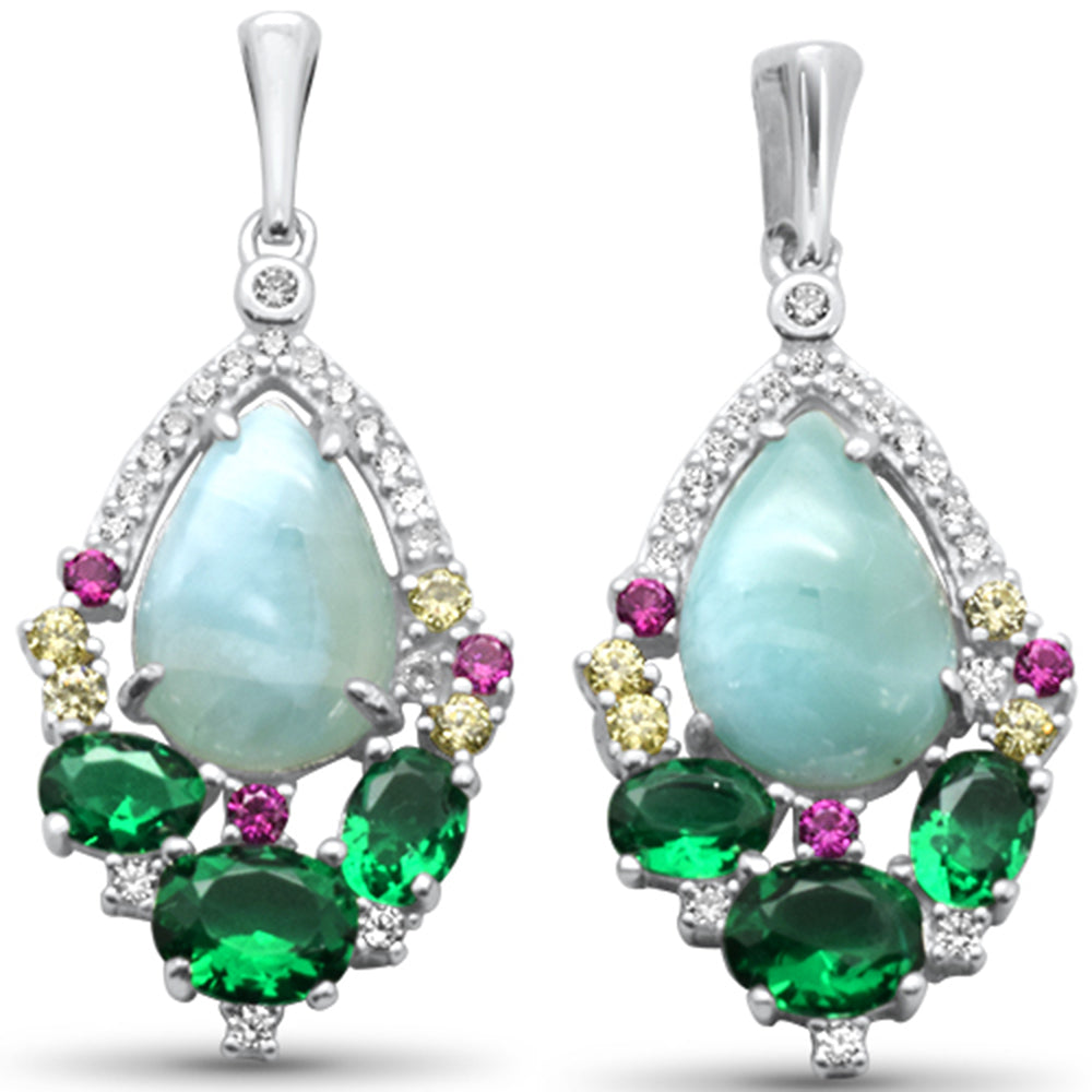 Pear Shaped Natural Larimar, Multi Color & White CZ .925 Sterling Silver Earrings