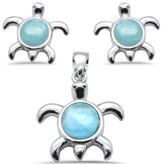 Oval Natural Larimar Turtle .925 Sterling Silver Pendant & Earring Set