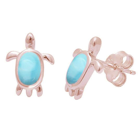 Rose Gold Plated Natural Larimar Turtle .925 Sterling Silver Earrings