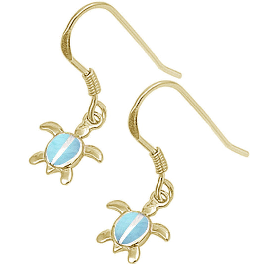 Yellow Gold Plated Natural Larimar Turtle .925 Sterling Silver Earrings