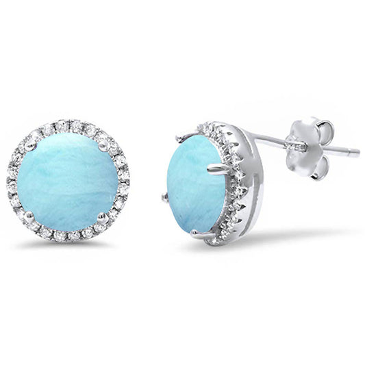 Natural Larimar Halo & Cubic Zirconia Stud .925 Sterling Silver Earrings