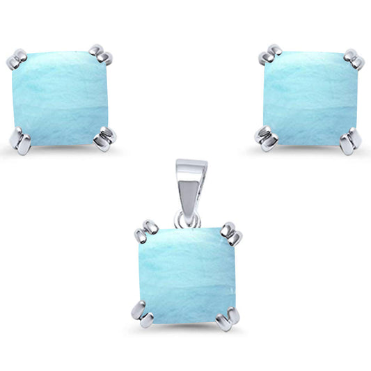 Natural Larimar Cushion Cut  .925 Sterling Silver Earring & Pendant Set