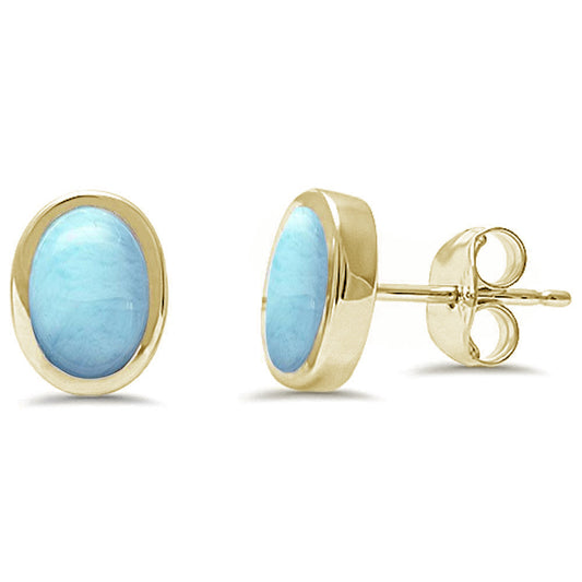 Yellow Gold Plated Oval Shape Natural Larimar .925 Sterling Silver Earrings