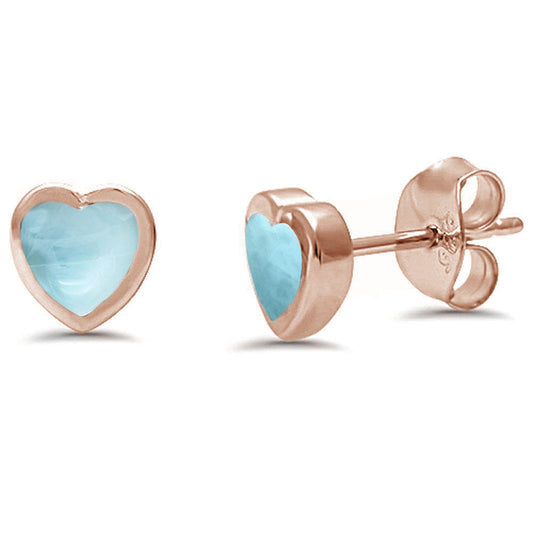 Rose Gold Plated Heart Shape Natural Larimar Stud .925 Sterling Silver Earrings