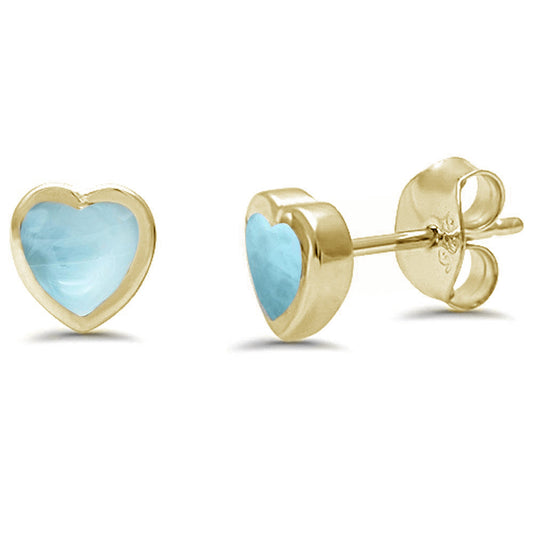 Yellow Gold Plated Heart Shape Natural Larimar Stud .925 Sterling Silver Earrings