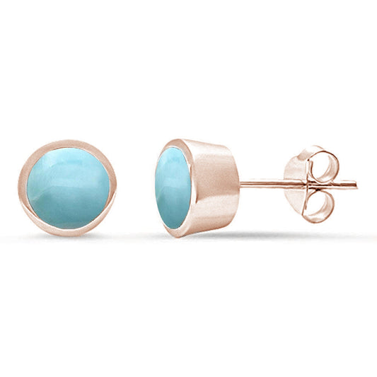 Rose Gold Plated Natural Larimar Bezel Stud .925 Sterling Silver Earrings