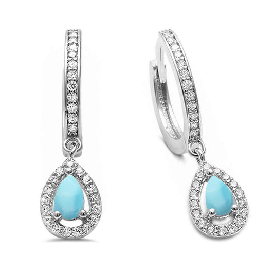 Natural Larimar & Cubic Zirconia Hoop Dangle  .925 Sterling Silver Earrings