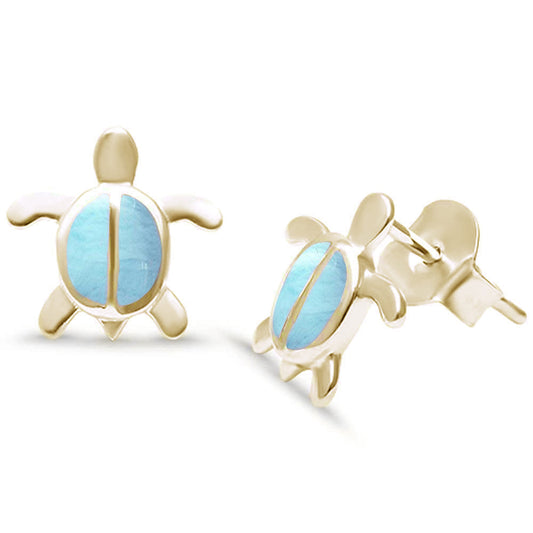 Yellow Gold Plated Natural Larimar Turtle .925 Sterling Silver Earrings