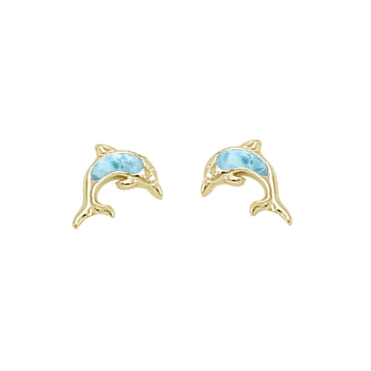 Yellow Gold Plated Natural Larimar Stud .925 Sterling Silver Earrings