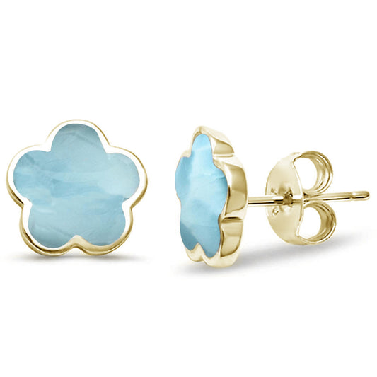 Yellow Gold Plated Natural Larimar Flower .925 Sterling Silver Earrings