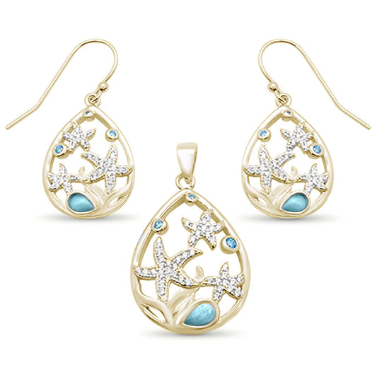 Yellow Gold Plated Natural Larimar & Aquamarine Star Cz Drop Pendant & Earring .925 Sterling Silver Set