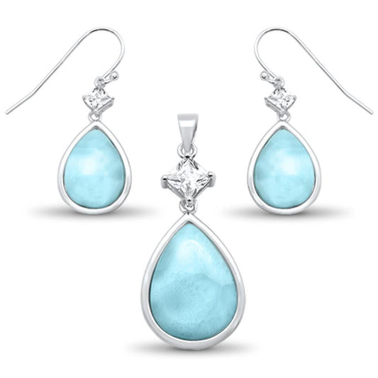 Natural Larimar & Cz Pear Shape Dangle Earring & Pendant .925 Sterling Silver Set
