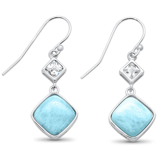 Natural Princess Cut Larimar & Cz Drop Dangle .925 Sterling Silver Earrings