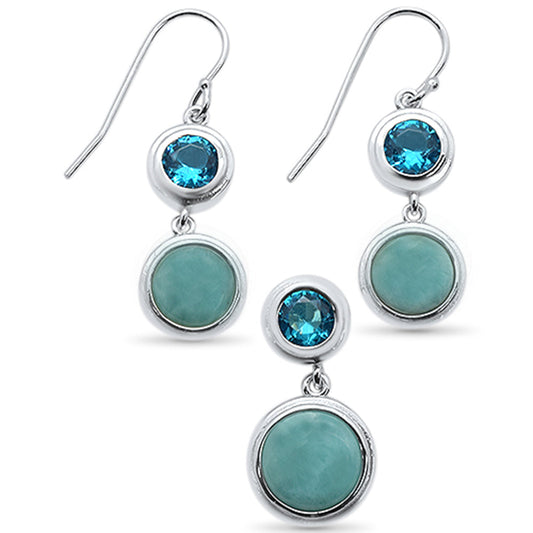 Round Natural Larimar & Blue TopAz .925 Sterling Silver Earrings & Pendant Set