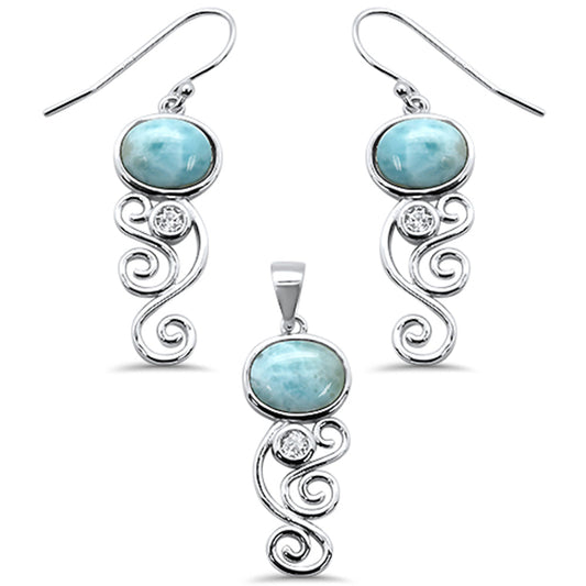 Oval Natural Larimar & Cz .925 Sterling Silver Pendant & Earring Set
