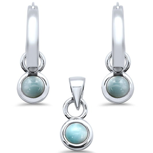 Natural Larimar Dangling .925 Sterling Silver Pendant & Earring Set