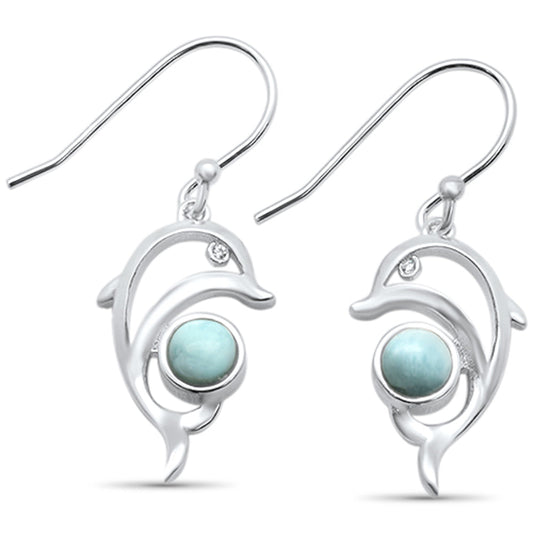 Natural Larimar Dolphin .925 Sterling Silver Drop Dangle Earrings