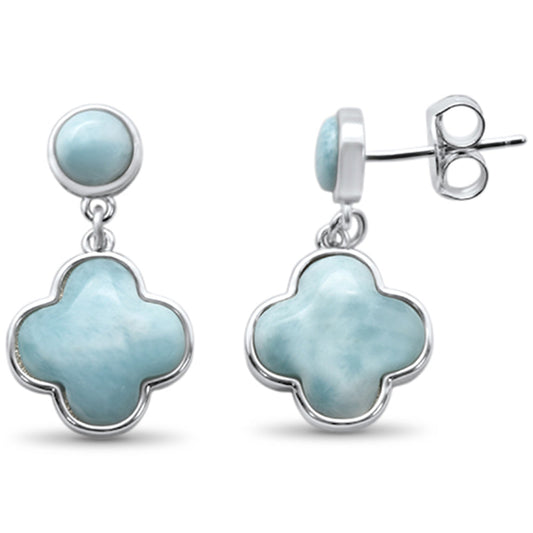 Natural Larimar Clover Flower .925 Sterling Silver Drop Dangle Earrings