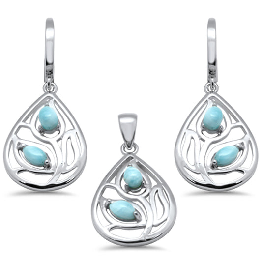 Pear Shape Natural Larimar Leaf Design .925 Sterling Silver Pendant & Earrings Set