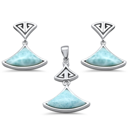 SEL-6199-LR-SET  Natural Larimar & CZ Greek Design .925 Sterling Silver Pendant & Earrings Set  Earring: 1" Long, Pendant: 1.4" Long