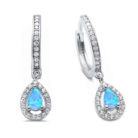 Blue Opal & Cubic Zirconia Hoop Dangle  .925 Sterling Silver Earrings