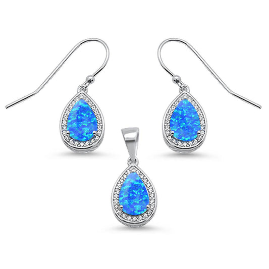 Pear Shape Blue Opal & Cubic Zirconia .925 Sterling Silver Earring & Pendant Set