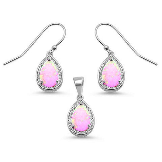 Pear Shape Pink Opal & Cubic Zirconia .925 Sterling Silver Earring & Pendant Set