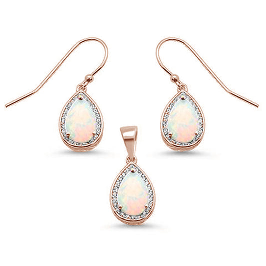 Rose Gold Plated White Opal & Cubic Zirconia .925 Sterling Silver Earring & Pendant Set