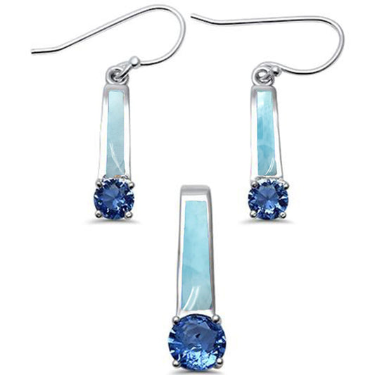 Dangling Natural Larimar & Tanzanite Cubic Zirconia Set .925 Sterling Silver Pendant & Earring Set