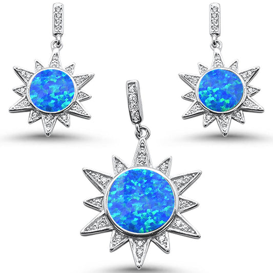 Blue Opal Elegant Starburst .925 Sterling Silver Earring & Pendant Set