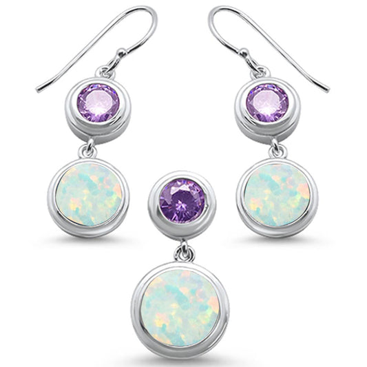 Round Opal Amethyst & Cubic Zirconia .925 Sterling Silver Earring & Pendant Set