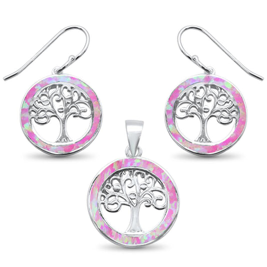 Pink Opal Tree Of Life .925 Sterling Silver Earrings & Pendant Set