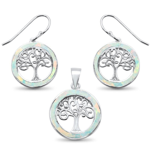 White Opal Tree Of Life .925 Sterling Silver Earrings & Pendant Set