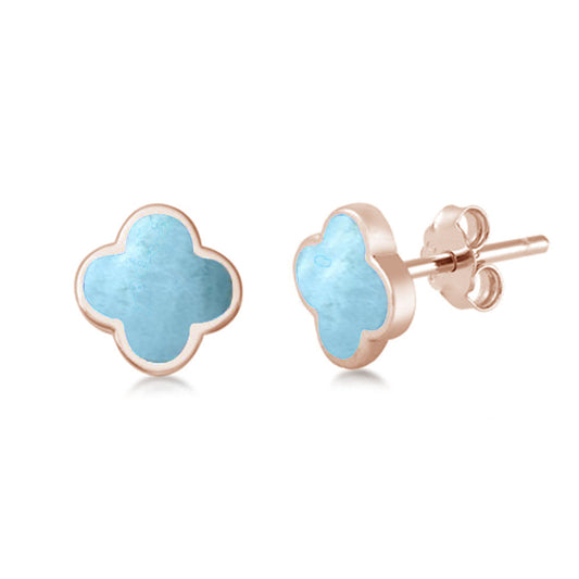 Rose Gold Plated Larimar Clover Flower .925 Sterling Silver Earrings