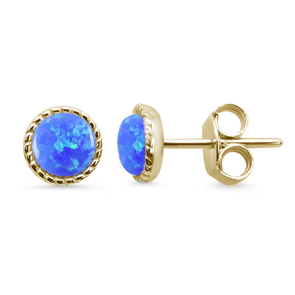 Yellow Gold Plated Round Braided Milgrain Blue Opal .925 Sterling Silver Stud Earrings