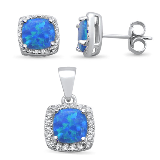Cushion Cut Blue Opal & Cubic Zirconia .925 Sterling Silver Pendant & Earring Set