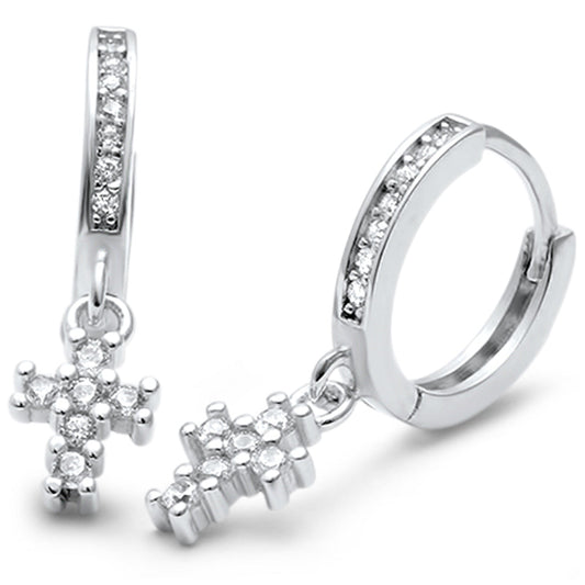 Cubic Zirconia Cross Hoop .925 Sterling Silver Earrings